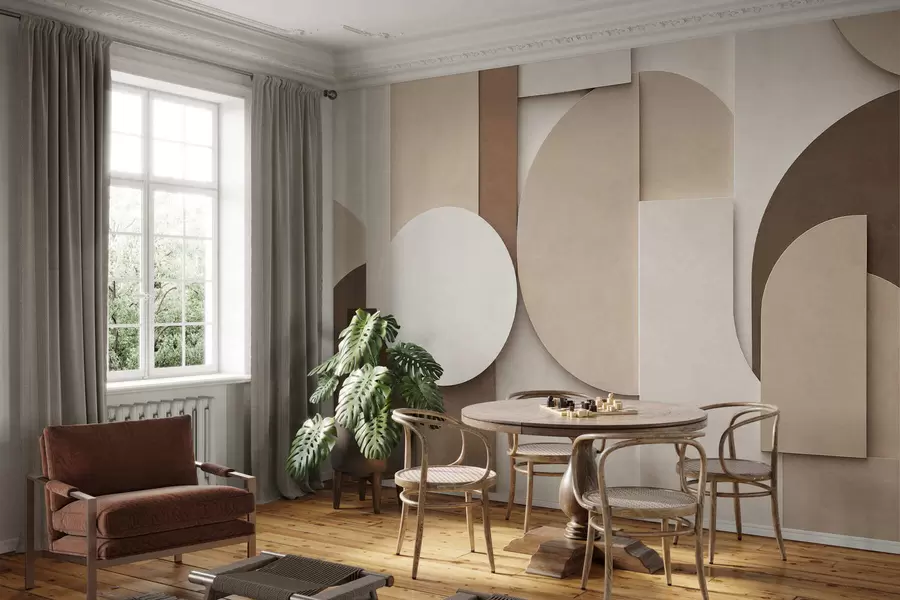 Fototapetai Tekstūruotos smėlio spalvos geometrinės figūros, sudarančios daugiasluoksnę 3D kompoziciją – minimalistinis šiuolaikinis sienų dekoras w05598