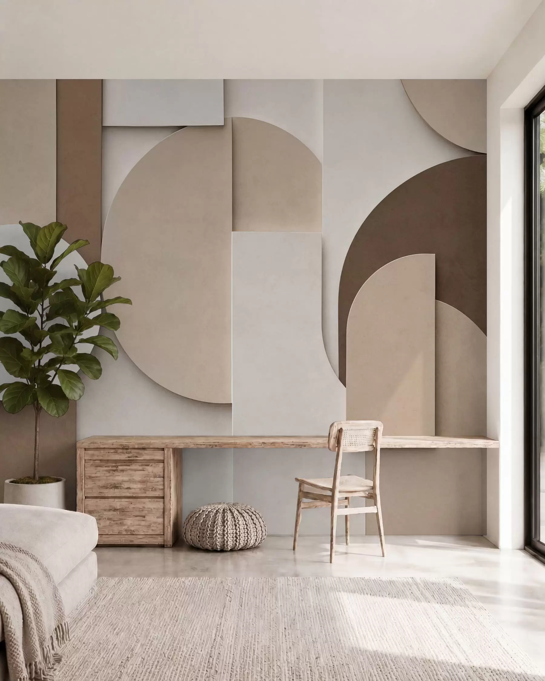 Fototapetai Tekstūruotos smėlio spalvos geometrinės figūros, sudarančios daugiasluoksnę 3D kompoziciją – minimalistinis šiuolaikinis sienų dekoras w05598