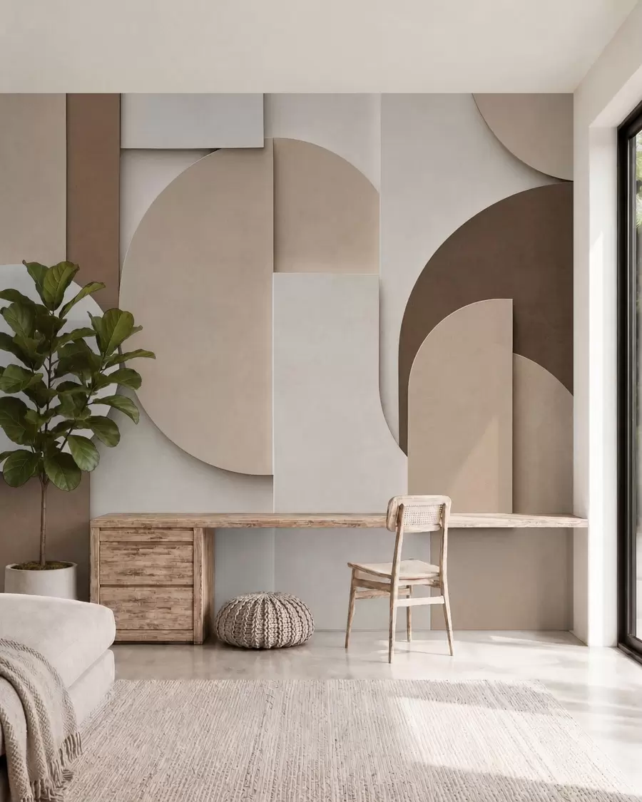 Fototapetai Tekstūruotos smėlio spalvos geometrinės figūros, sudarančios daugiasluoksnę 3D kompoziciją – minimalistinis šiuolaikinis sienų dekoras w05598