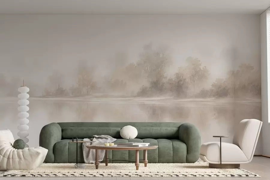 Fototapetai Minimalistinis rūko apgaubtas peizažas su subtiliais atspindžiais šiltų neutralių atspalvių w05606