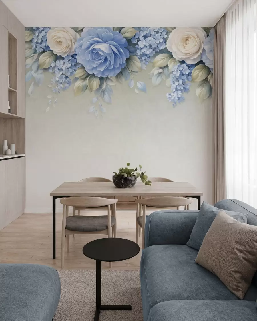 Fototapetai Subtilūs rožės žiedai ir gėlių puokštės, sudarančios porcelianą primenančią botaninę kompoziciją su švelniais, sluoksniais išsidėsčiusiais žiedlapiais ir elegantiškais, banguojančiais lapais w05495