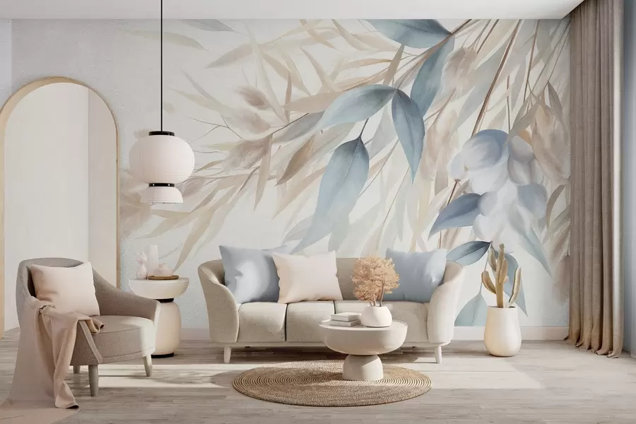 Fototapetai Tekstūruota džiovinta žolė, pampų žolė ir mėlyni lapai, nutapyti švelniu akvarelės stiliumi w09868