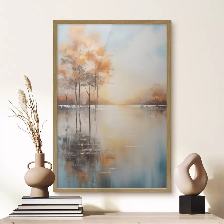 Fototapetai Peizažas, medžiai su oranžiniais lapais, ežeras, saulė fone f49152