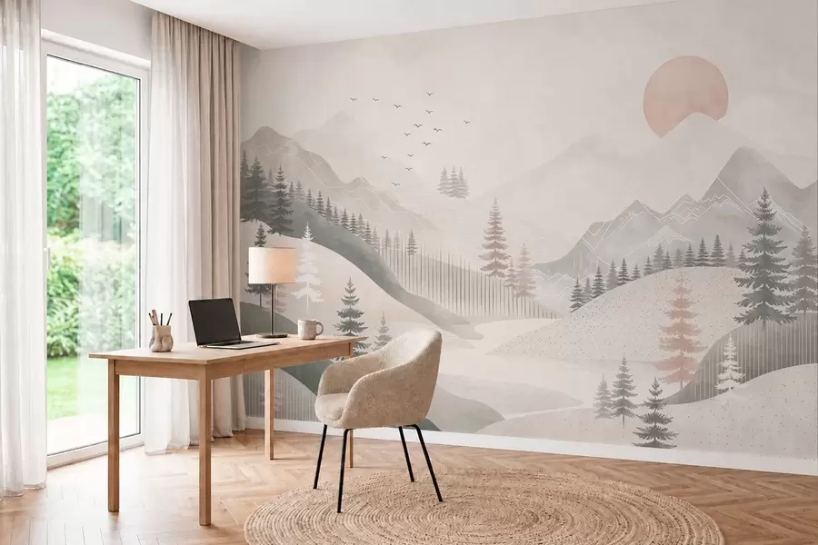 Fototapetai Minimalistinis kalnų peizažas su pušimis w05626