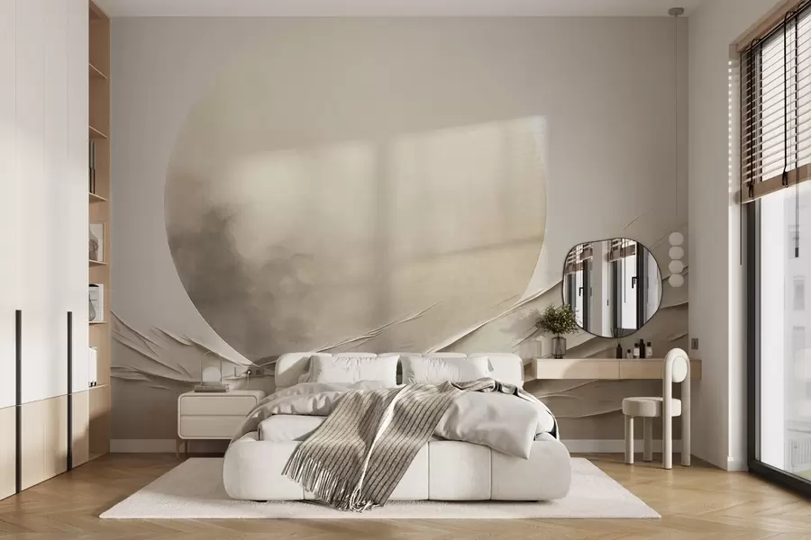 Fototapetai Abstrakčios, banguotos, kreminės spalvos formos su didele šviesia sfera, minimalistinis šiuolaikinis menas w09895
