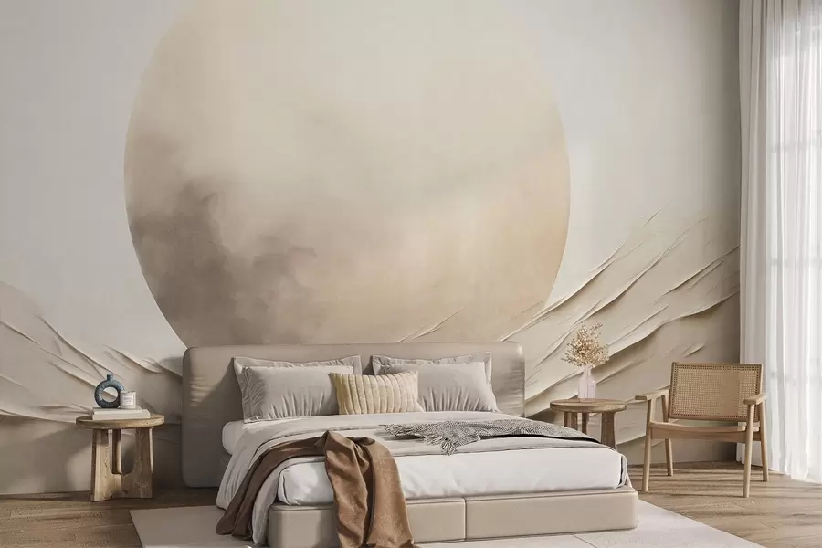 Fototapetai Abstrakčios, banguotos, kreminės spalvos formos su didele šviesia sfera, minimalistinis šiuolaikinis menas w09895
