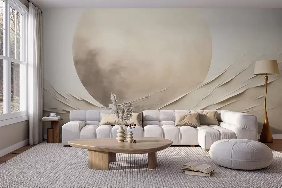 Fototapetai Abstrakčios, banguotos, kreminės spalvos formos su didele šviesia sfera, minimalistinis šiuolaikinis menas w09895