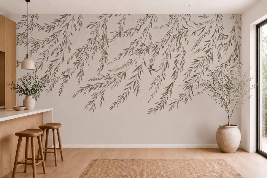 Fototapetai Smėlio spalvos šakos ir kregždės ant šviesaus fono w05630v1
