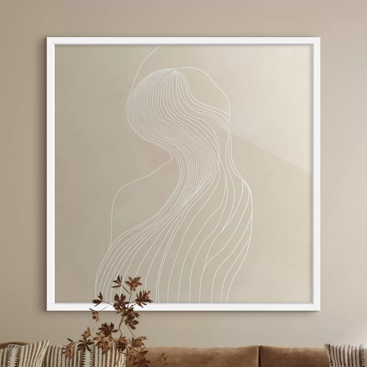 Plakatas Minimalistinio stiliaus abstrakti moters siluetas, nupieštas baltomis linijomis f48875
