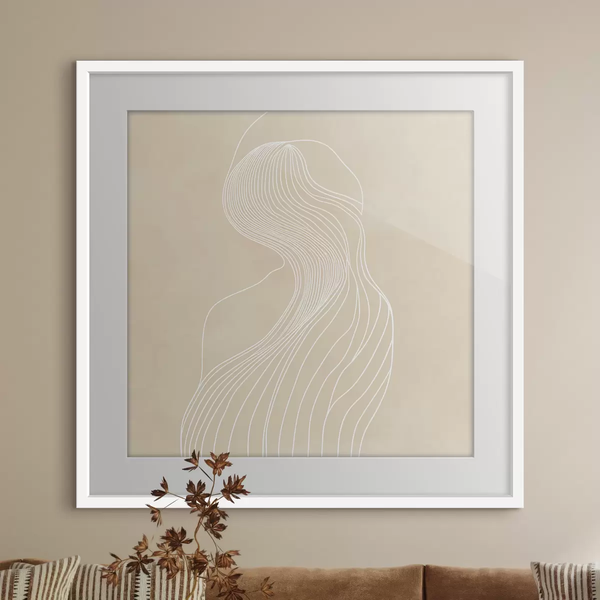 Plakatas Minimalistinio stiliaus abstrakti moters siluetas, nupieštas baltomis linijomis f48875
