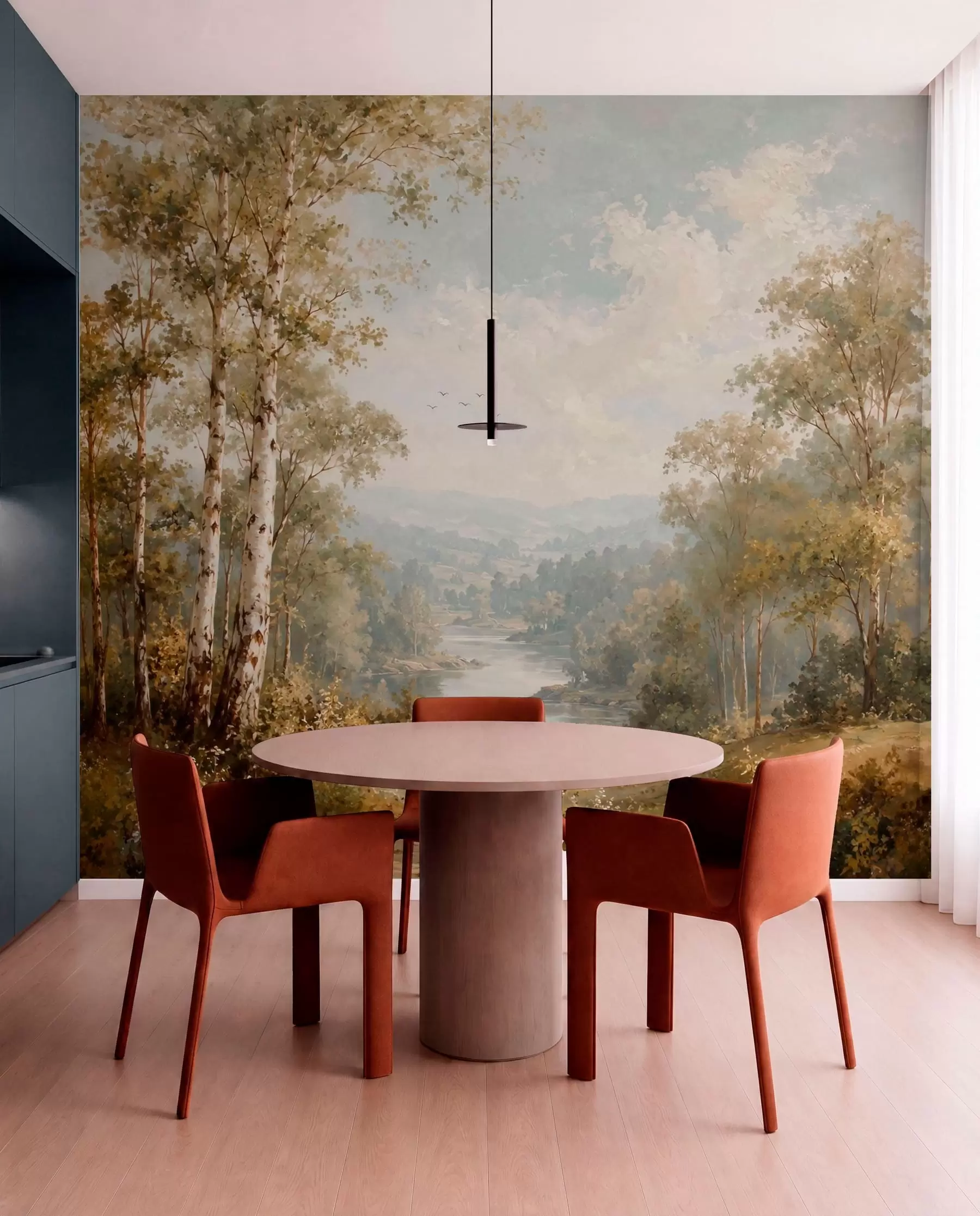 Fototapetai Šviesus upės peizažas su beržais ir debesimis w05685
