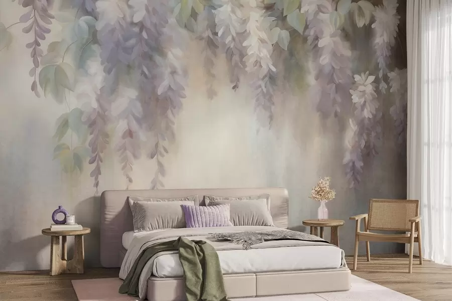 Fototapetai Tekstūruoti šviesiai violetiniai glicinijos žiedai, kabančios kartu su žaliais lapais, pastelinis fonas w09896