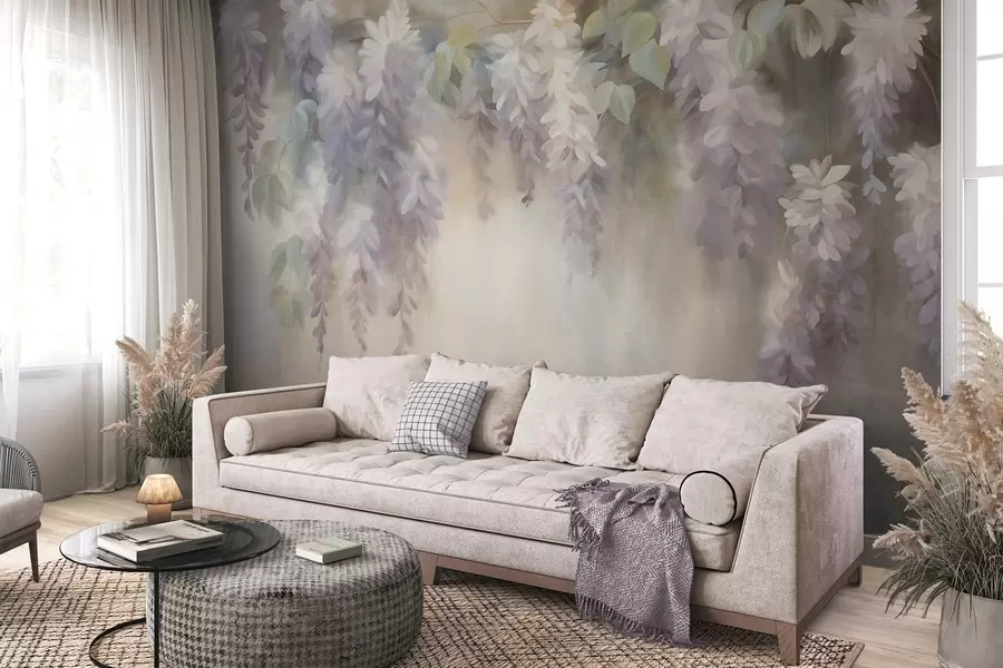 Fototapetai Tekstūruoti šviesiai violetiniai glicinijos žiedai, kabančios kartu su žaliais lapais, pastelinis fonas w09896