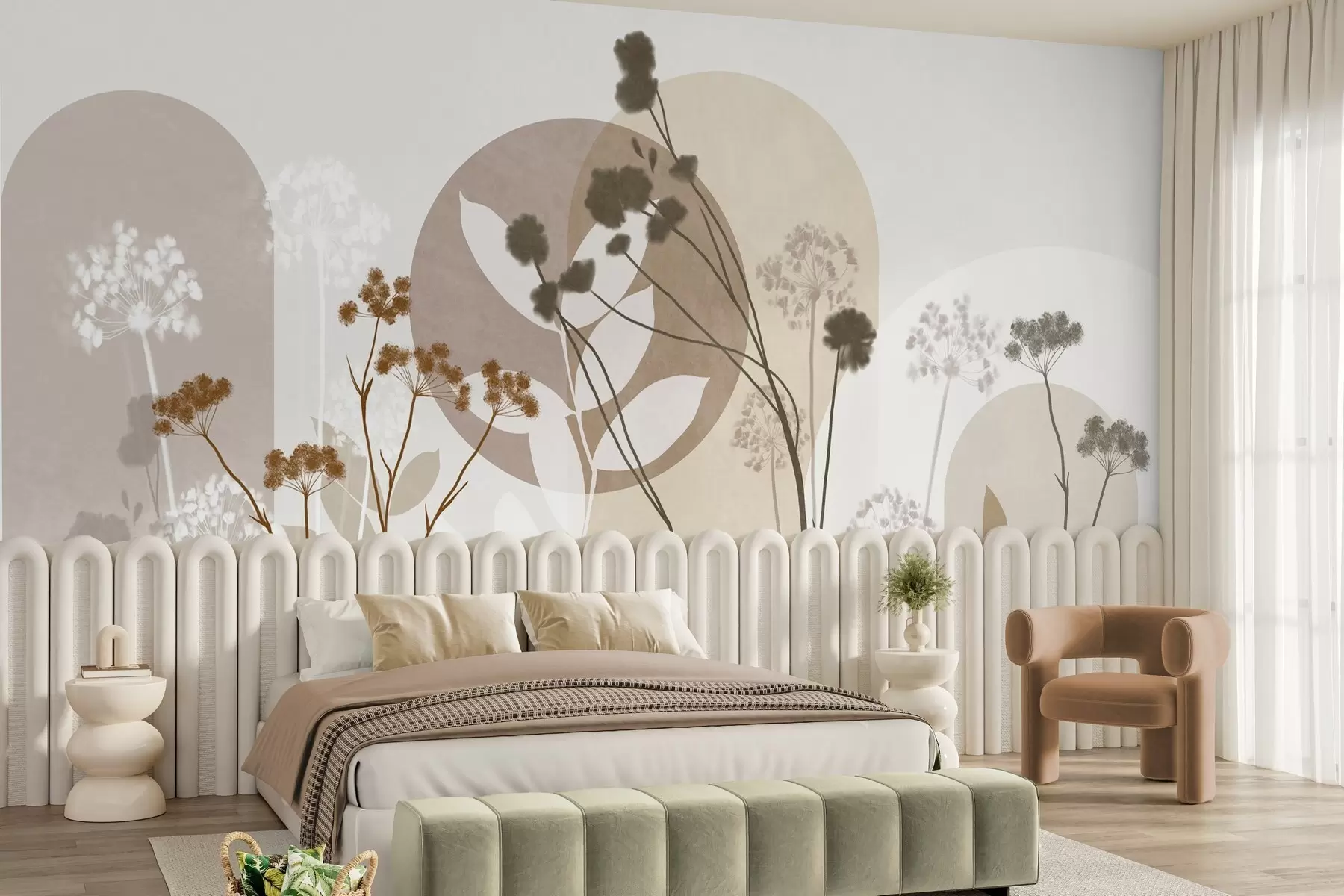 Fototapetai Botaninė ir minimalistinė kompozicija iš džiovintų gėlių ir lapų su abstrakčiais geometriniais motyvais w09906