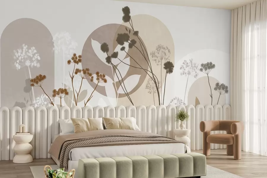Fototapetai Botaninė ir minimalistinė kompozicija iš džiovintų gėlių ir lapų su abstrakčiais geometriniais motyvais w09906