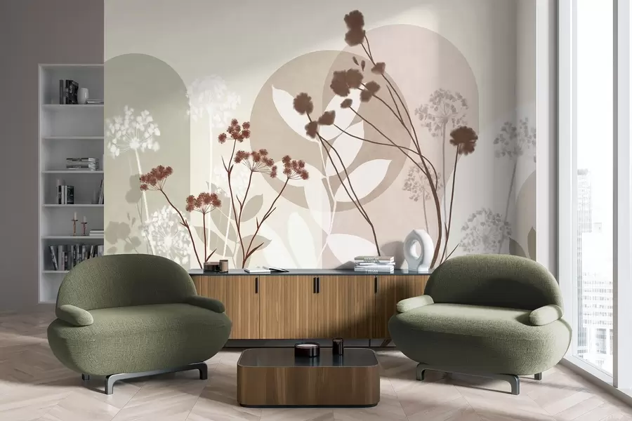 Fototapetai Botaninė ir minimalistinė kompozicija iš džiovintų gėlių ir lapų su abstrakčiais geometriniais motyvais w09906v1