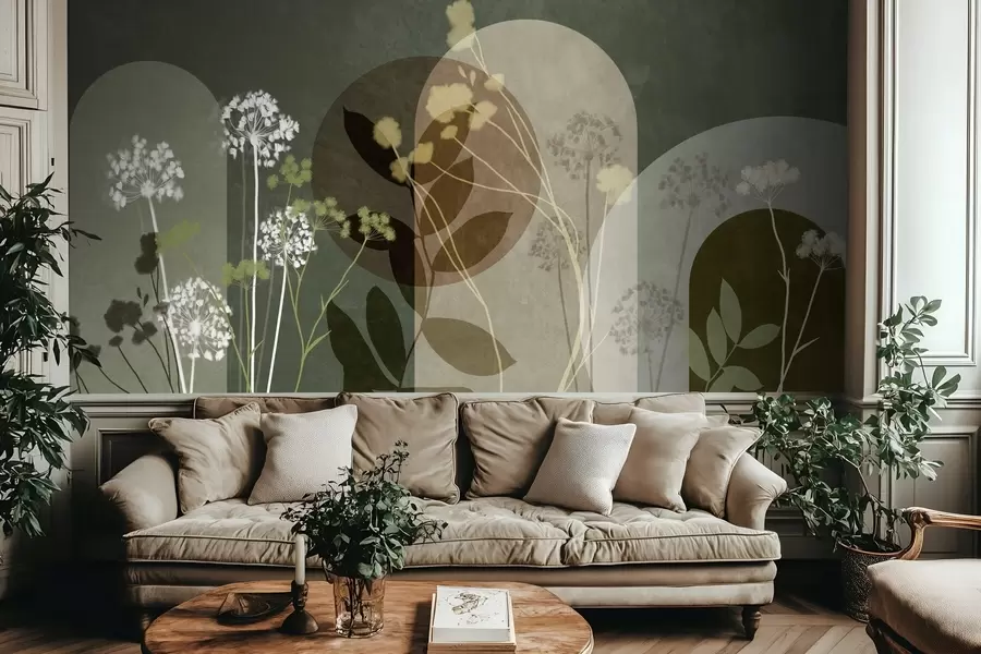 Fototapetai Botaninė ir minimalistinė kompozicija iš džiovintų gėlių ir lapų su abstrakčiais geometriniais motyvais w09906v2