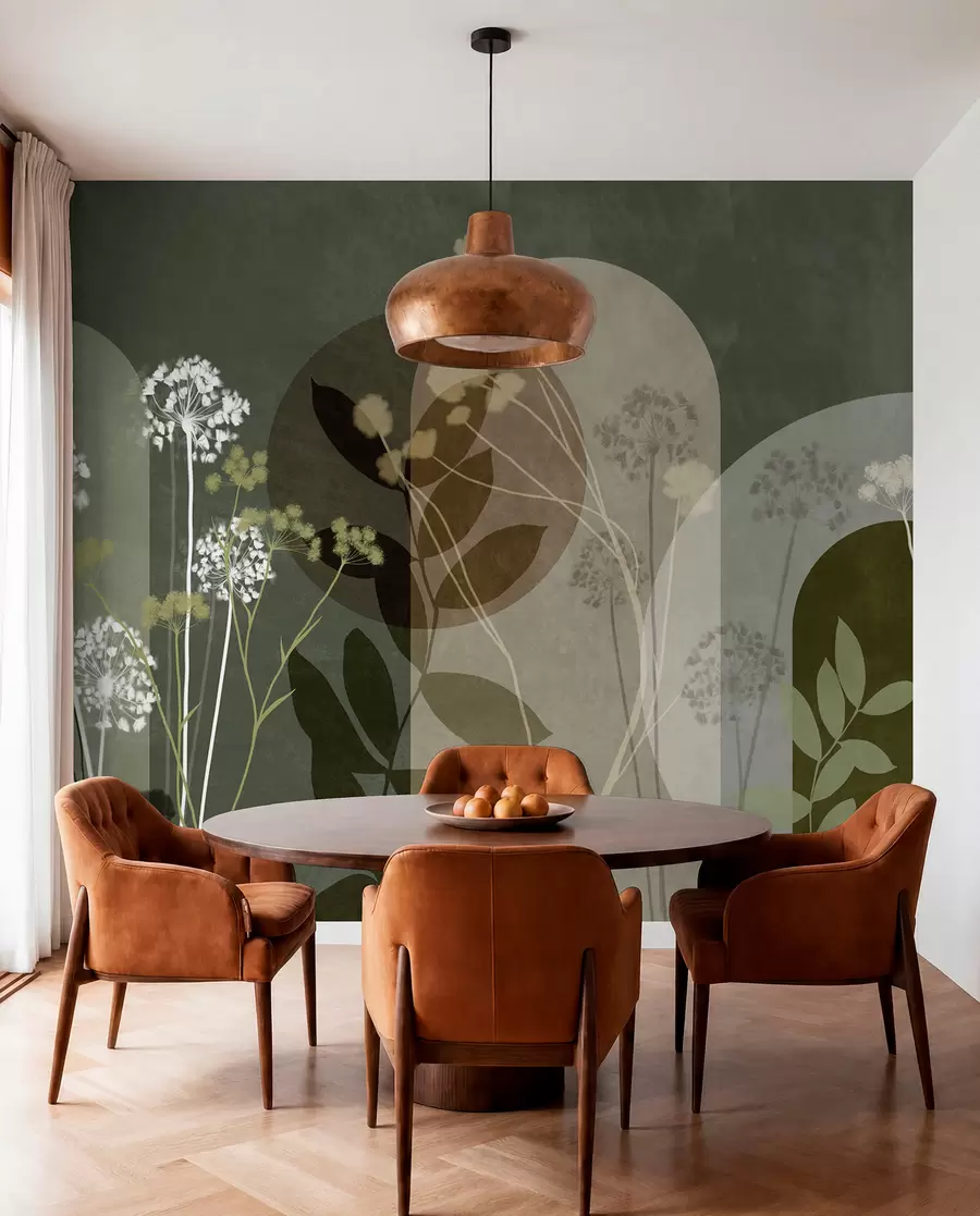 Fototapetai Botaninė ir minimalistinė kompozicija iš džiovintų gėlių ir lapų su abstrakčiais geometriniais motyvais w09906v2