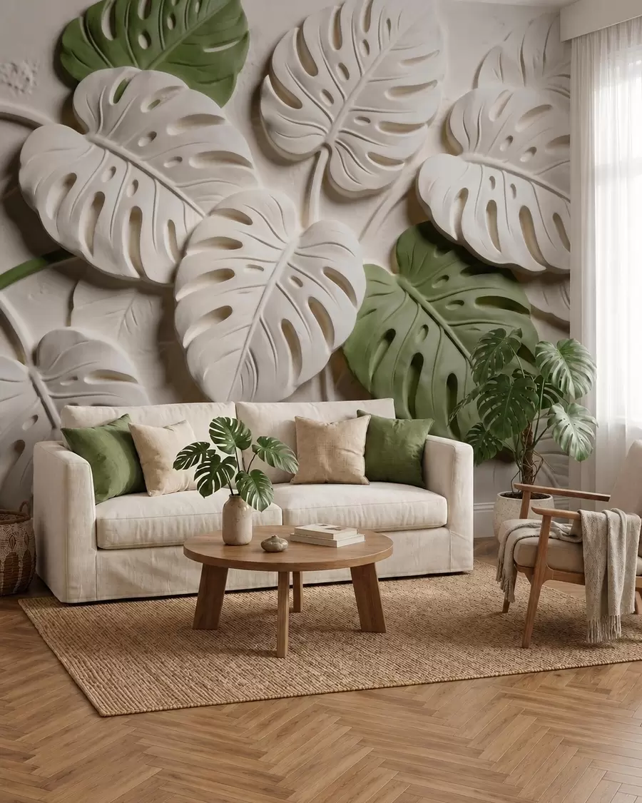 Fototapetai Reljefiniai botaniniai monsteros lapai kreminės ir žalios spalvų tonais w09883
