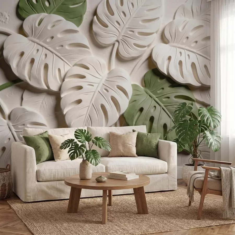 Fototapetai Reljefiniai botaniniai monsteros lapai kreminės ir žalios spalvų tonais w09883