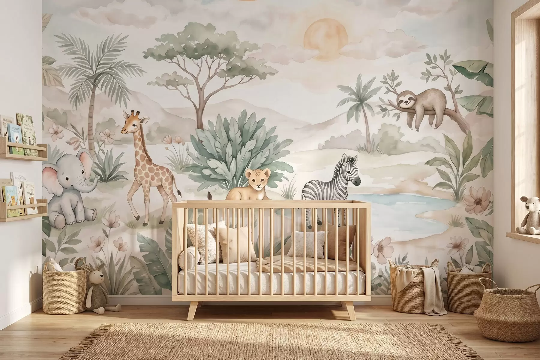 Fototapetai Akvarele nutapytas safario vaizdas su gyvūnais, atliktas švelniais pasteliniais atspalviais: jame pavaizduota žirafa, drambliukas, zebras ir liūčiukas w09888