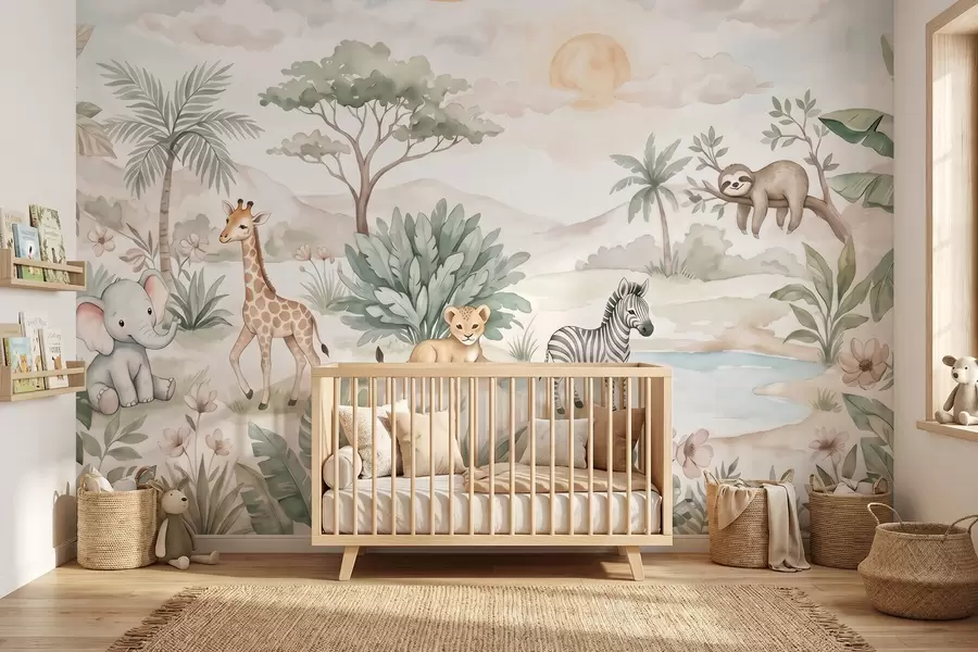 Fototapetai Akvarele nutapytas safario vaizdas su gyvūnais, atliktas švelniais pasteliniais atspalviais: jame pavaizduota žirafa, drambliukas, zebras ir liūčiukas w09888