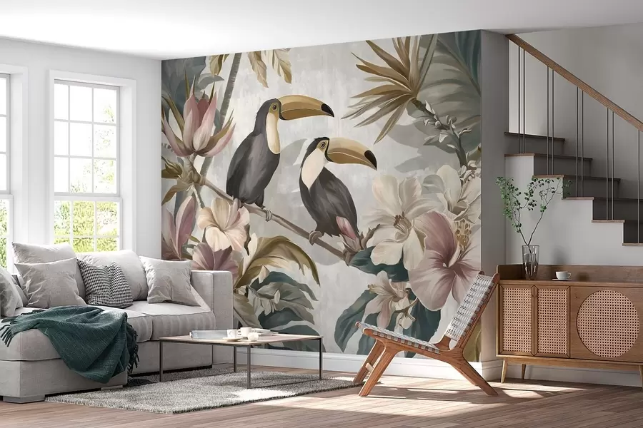 Fototapetai du tukanai tarp tropinių gėlių ir lapų w05657