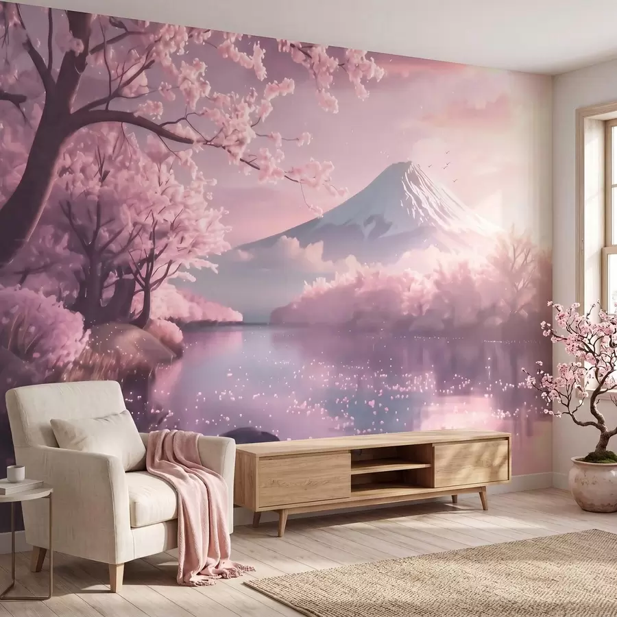 Fototapetai Ramus Japonijos peizažas su žydinčiomis sakuromis ir kalnų ežeru saulėtekio metu w09864
