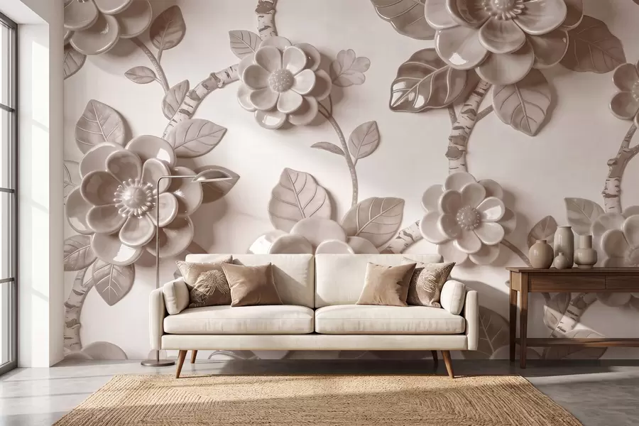 Fototapetai Elegantiška smėlio spalvos kompozicija iš skulptūriškų trimačių gėlių w09887v1