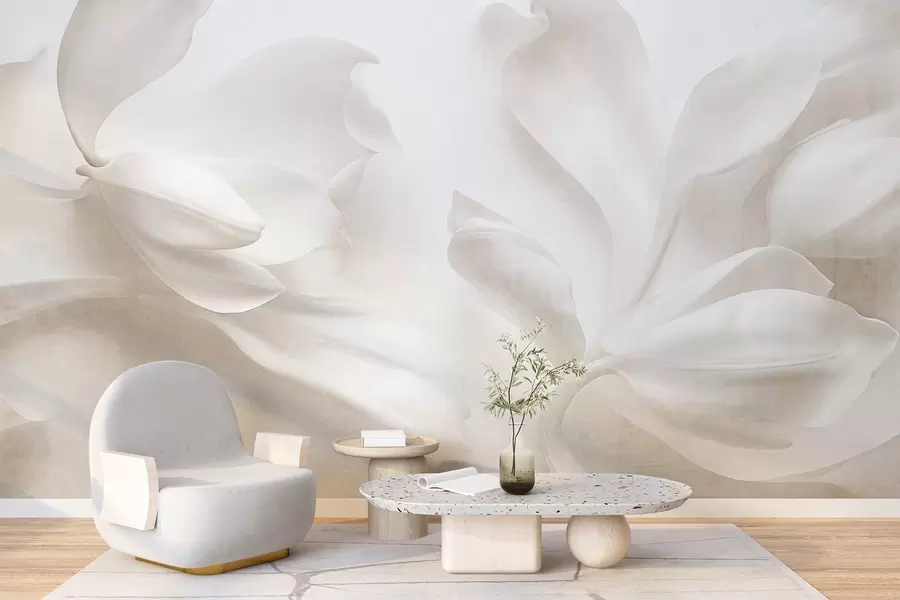 Fototapetai Tekstūruoti balti magnolijos žiedai su subtiliais žiedlapiais, neryškus šviesus fonas w09771