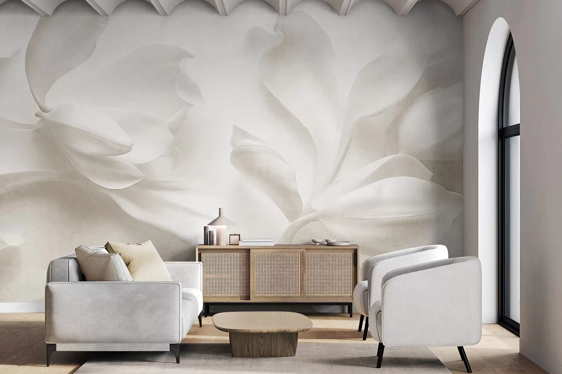 Fototapetai Tekstūruoti balti magnolijos žiedai su subtiliais žiedlapiais, neryškus šviesus fonas w09771
