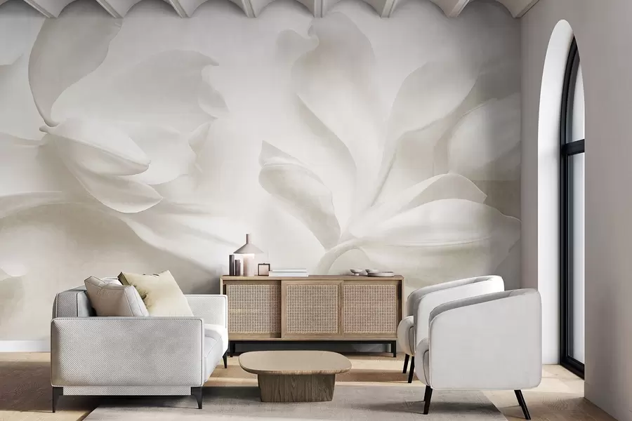 Fototapetai Tekstūruoti balti magnolijos žiedai su subtiliais žiedlapiais, neryškus šviesus fonas w09771