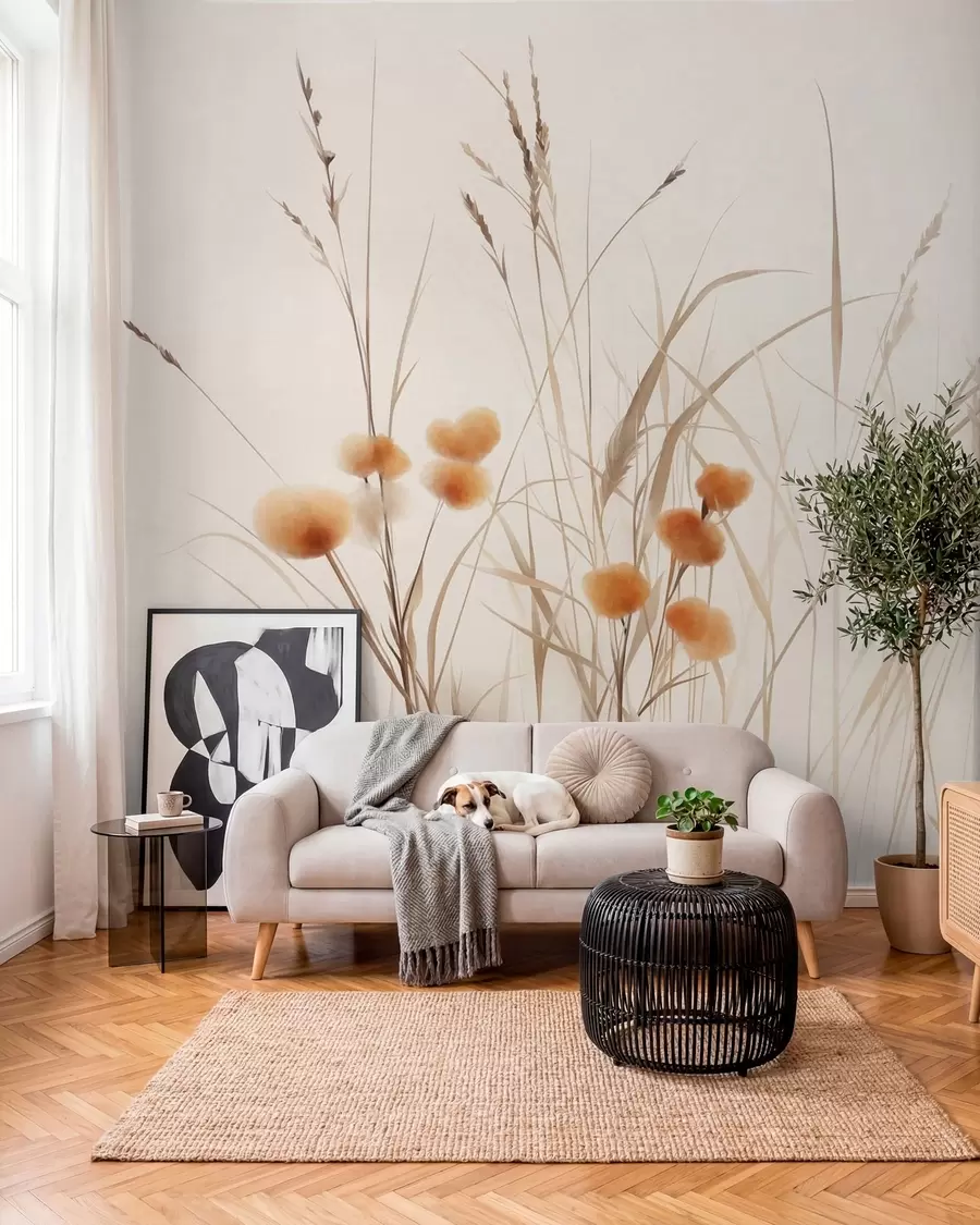 Fototapetai Aukštos žolės ir mažos oranžinės laukinės gėlės prieš šviesų foną, tekstūruotas boho stilius w09902