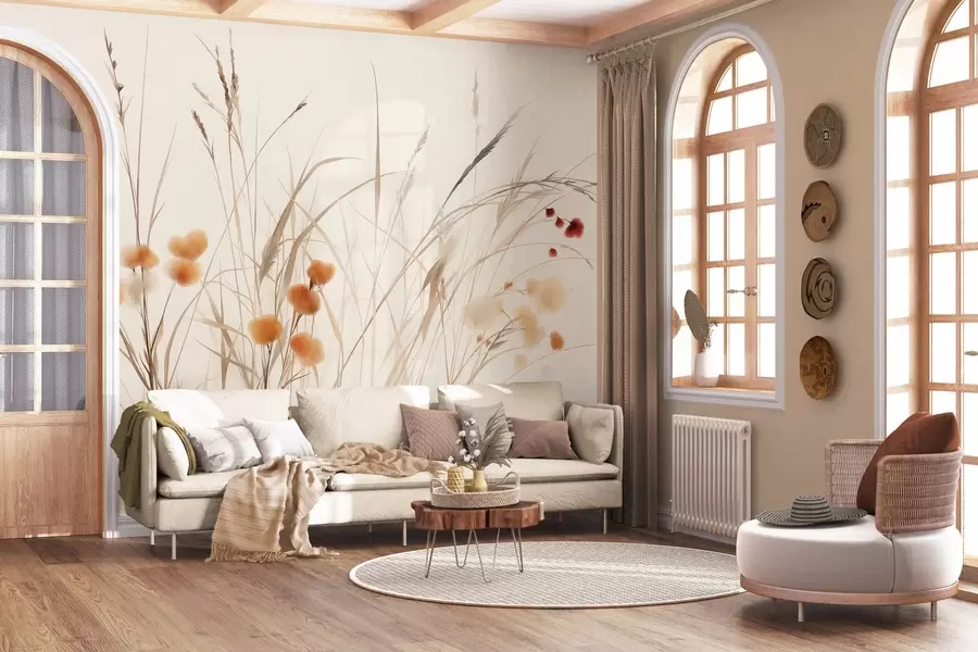 Fototapetai Aukštos žolės ir mažos oranžinės laukinės gėlės prieš šviesų foną, tekstūruotas boho stilius w09902