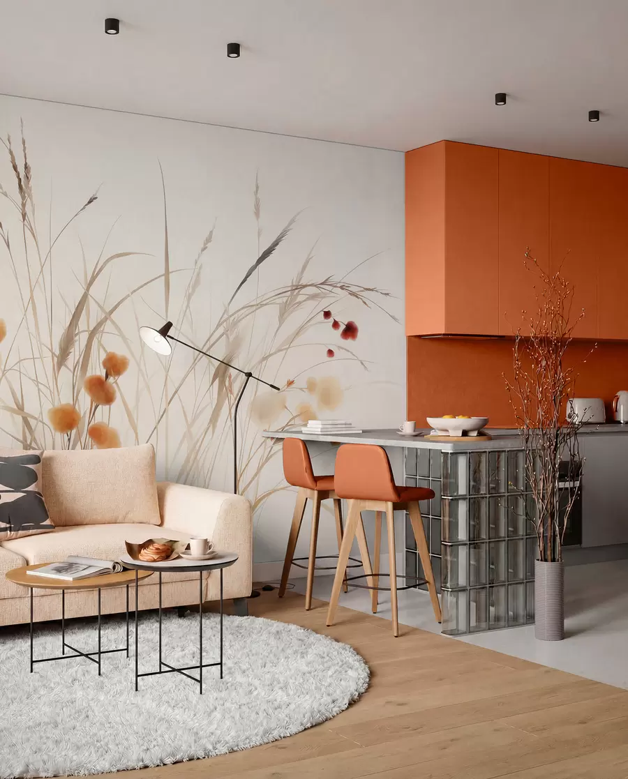 Fototapetai Aukštos žolės ir mažos oranžinės laukinės gėlės prieš šviesų foną, tekstūruotas boho stilius w09902