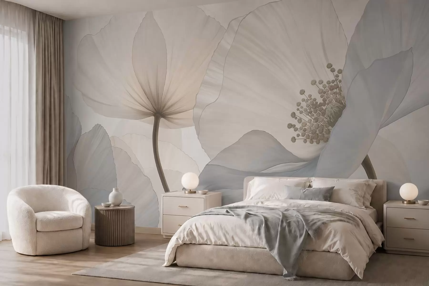 Fototapetai Minkštos, didelės gėlės šviesių pasteliškų atspalvių w05692