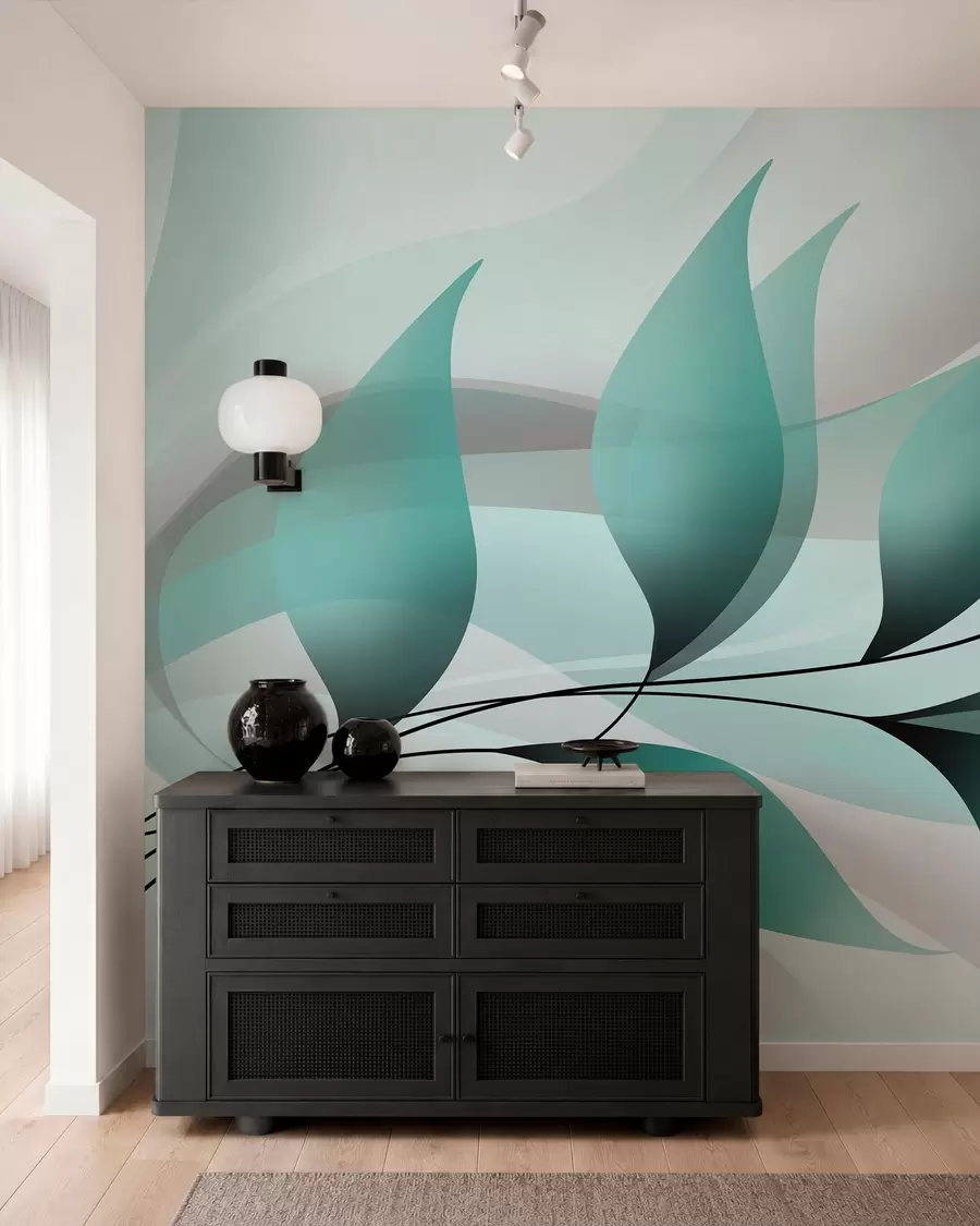 Fototapetai elegantiška šaka su turkio spalvos lapais  w05660v1
