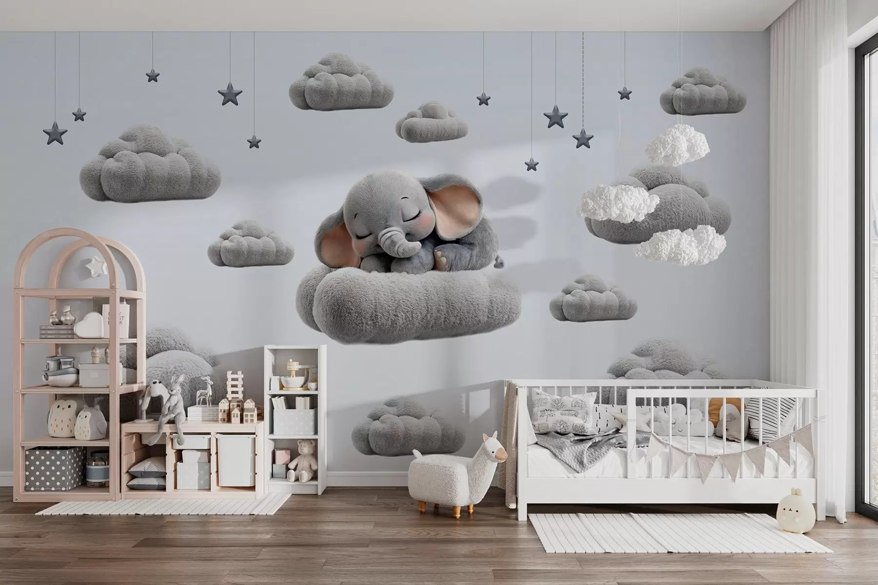 Fototapetai mielas mažas drambliukas, nupieštas 3D stiliumi, miegantis tarp purių debesų w05754