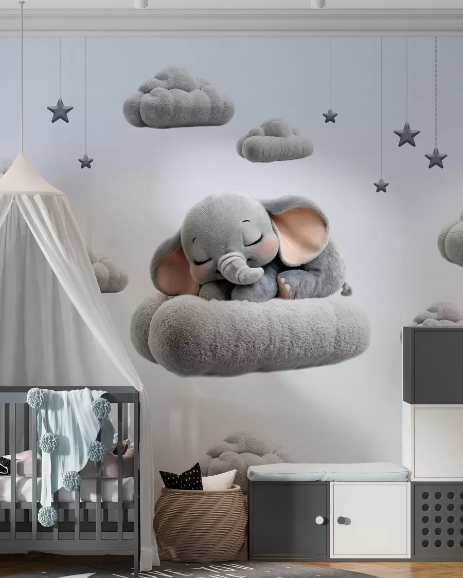 Fototapetai mielas mažas drambliukas, nupieštas 3D stiliumi, miegantis tarp purių debesų w05754