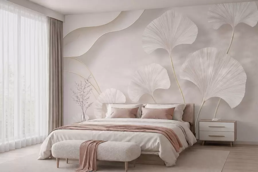 Fototapetai Šviesios spalvos ginkgo lapai prieš švelnų marmuro foną w05734v1