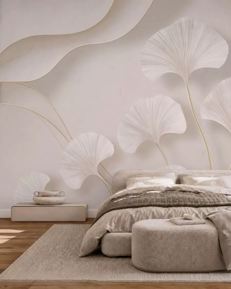 Fototapetai Šviesios spalvos ginkgo lapai prieš švelnų marmuro foną w05734v1