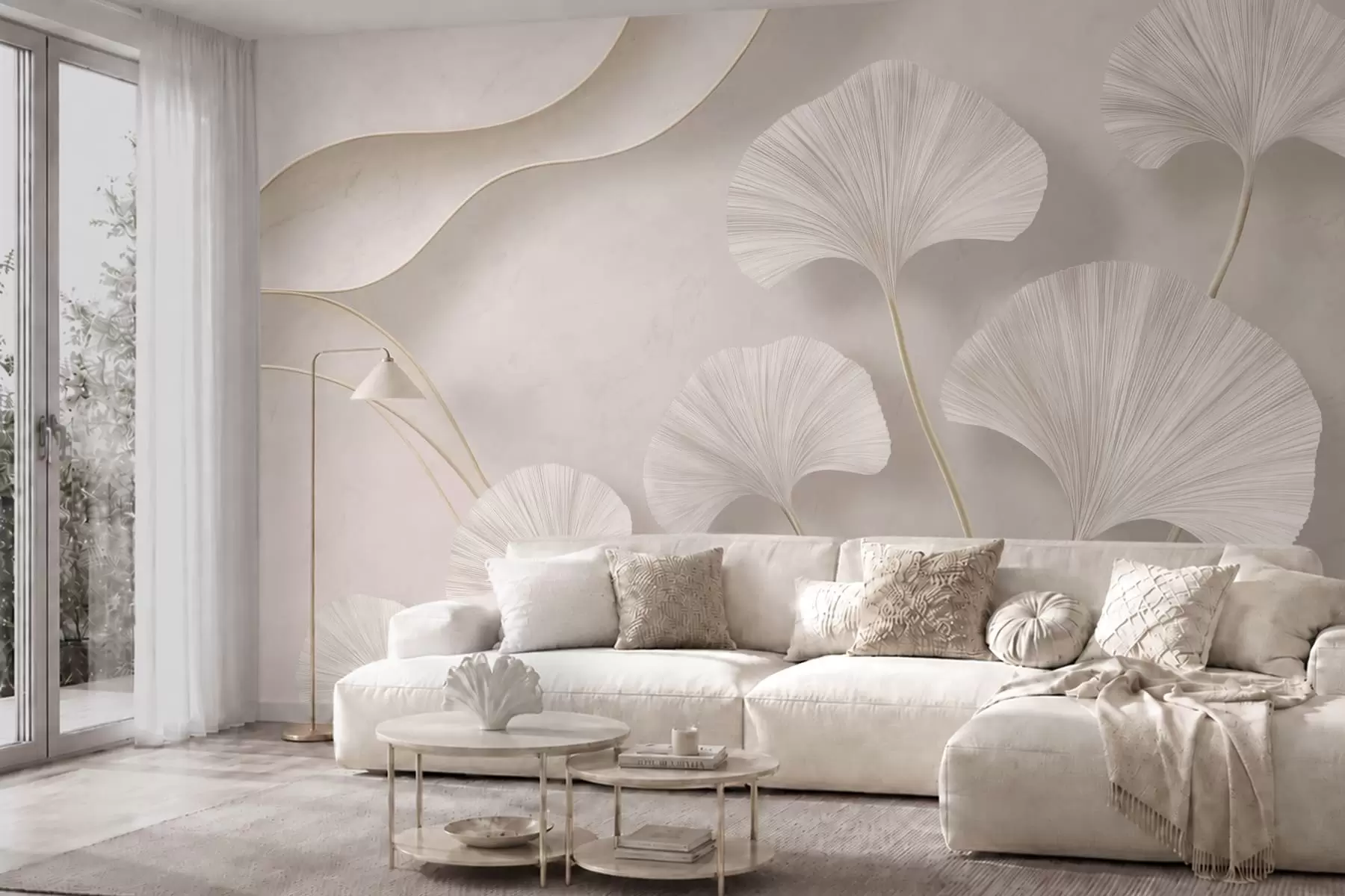 Fototapetai Šviesios spalvos ginkgo lapai prieš švelnų marmuro foną w05734v1