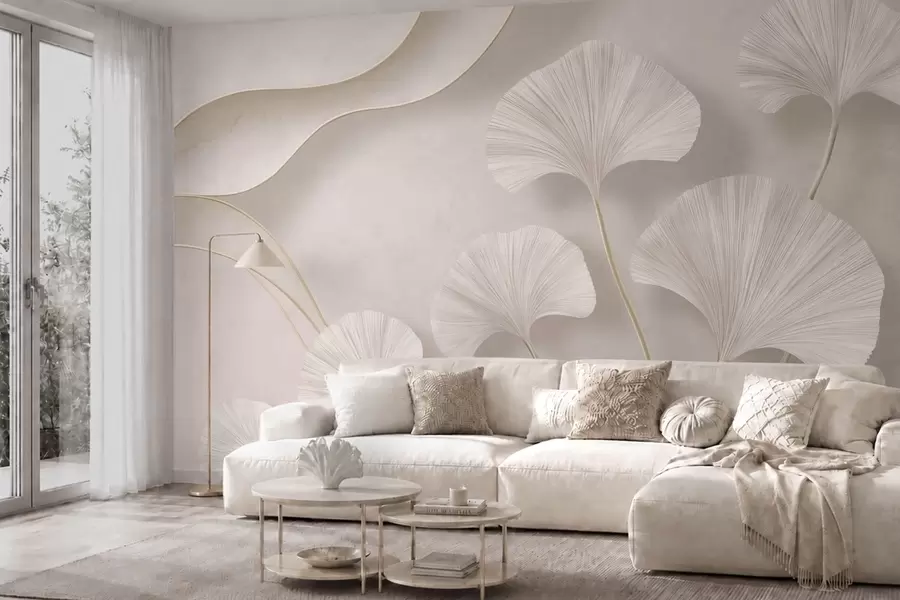 Fototapetai Šviesios spalvos ginkgo lapai prieš švelnų marmuro foną w05734v1