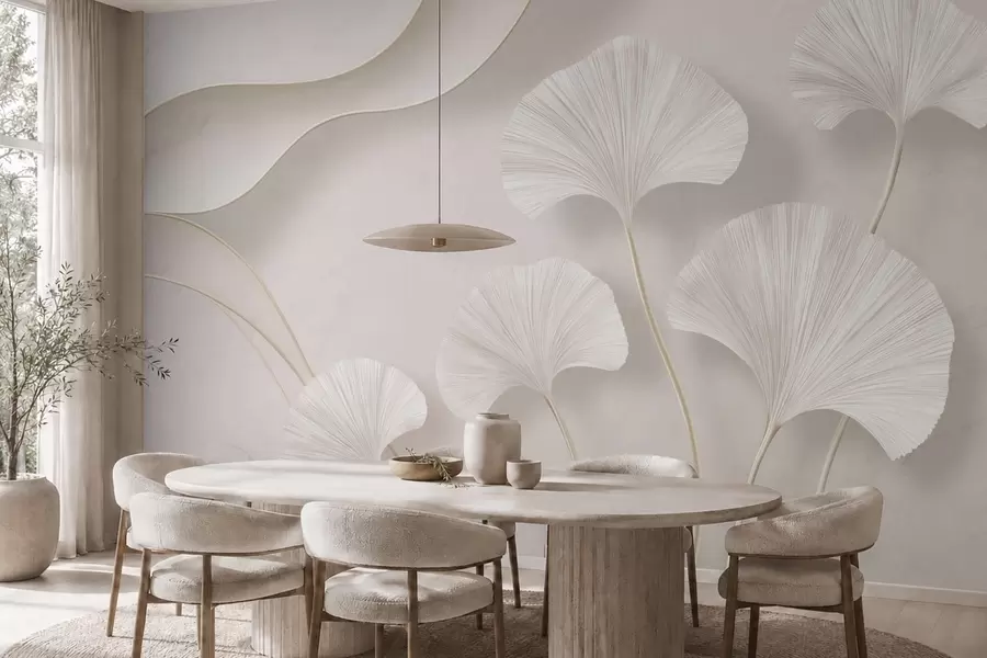 Fototapetai Šviesios spalvos ginkgo lapai prieš švelnų marmuro foną w05734v1