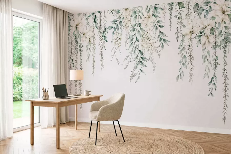 Fototapetai Ant šviesaus fono krentančios gėlės ir žali lapai w05736