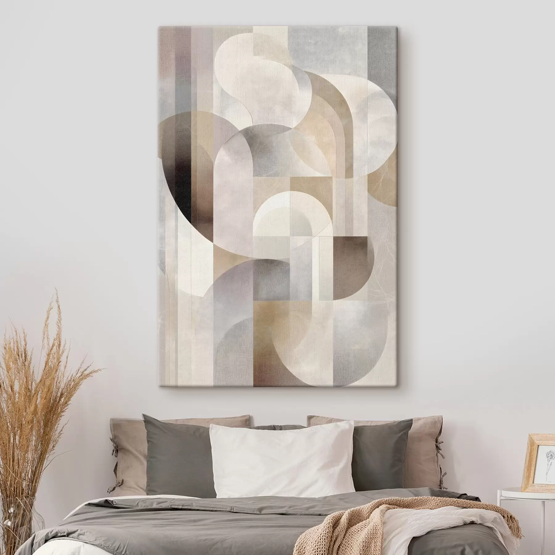 Paveikslėlis Minimalistinė, geometrinė, abstrakti kompozicija, kurioje vyrauja švelnių smėlio, kreminės, pilkai rudos ir pilkai smėlio atspalvių paletė s49876