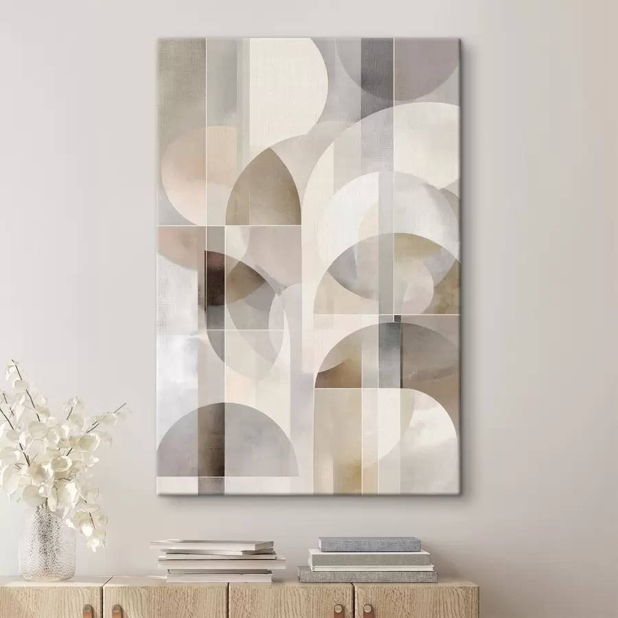 Paveikslėlis Minimalistinė, geometrinė, abstrakti kompozicija, kurioje vyrauja švelnių smėlio, kreminės, pilkai rudos ir pilkai smėlio atspalvių paletė s49877
