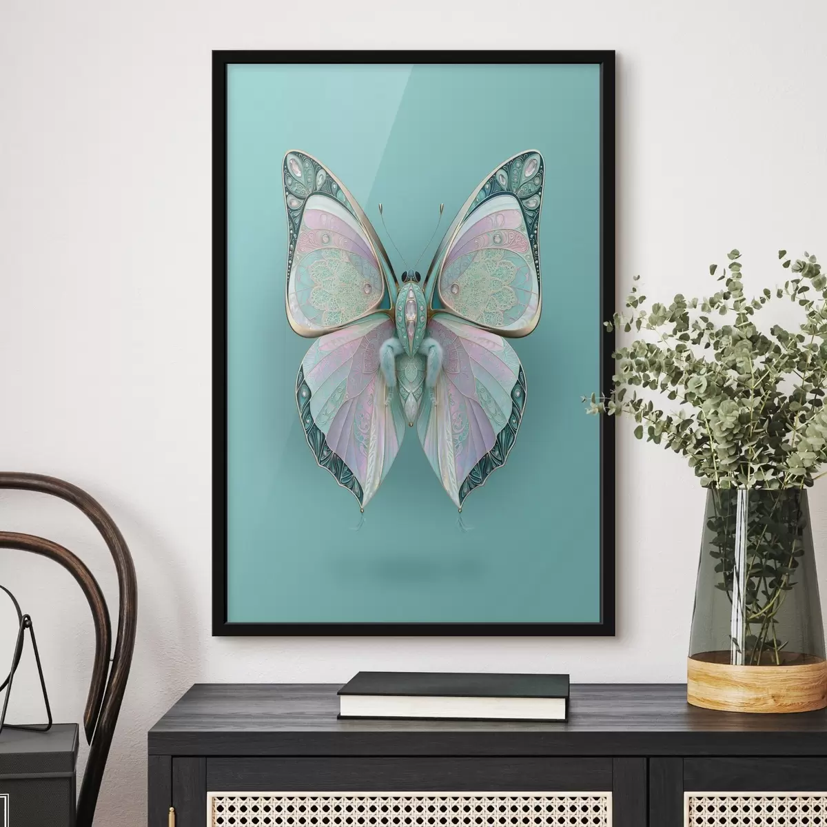 Plakatas Brangakmenių papuošalų stiliaus drugelis ant turkio spalvos fono f49864