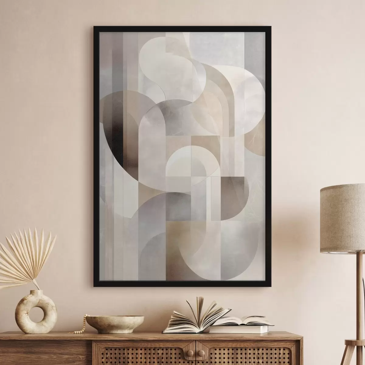 Plakatas Minimalistinė, geometrinė, abstrakti kompozicija, kurioje vyrauja švelnių smėlio, kreminės, pilkai rudos ir pilkai smėlio atspalvių paletė f49876