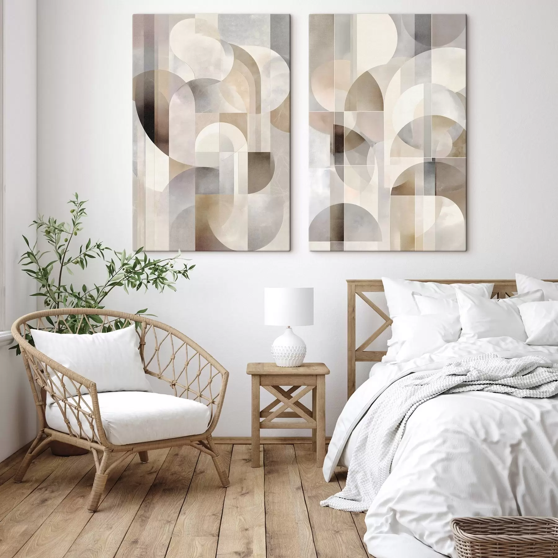 Paveikslėlis Minimalistinė, geometrinė, abstrakti kompozicija, kurioje vyrauja švelnių smėlio, kreminės, pilkai rudos ir pilkai smėlio atspalvių paletė m30725